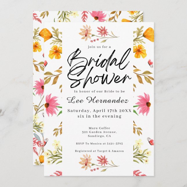 Convites Primavera Wildflower Modern Chá de panela (Frente/Verso)