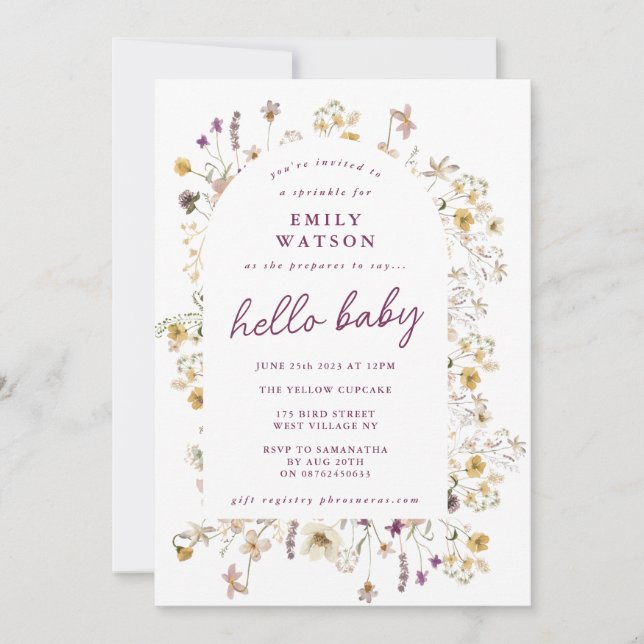 Convites Primavera Wildflower Watercolor Custom Hello Baby (Frente)