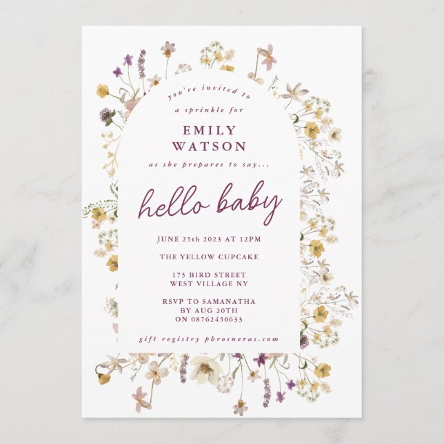 Convites Primavera Wildflower Watercolor Custom Hello Baby (Frente)
