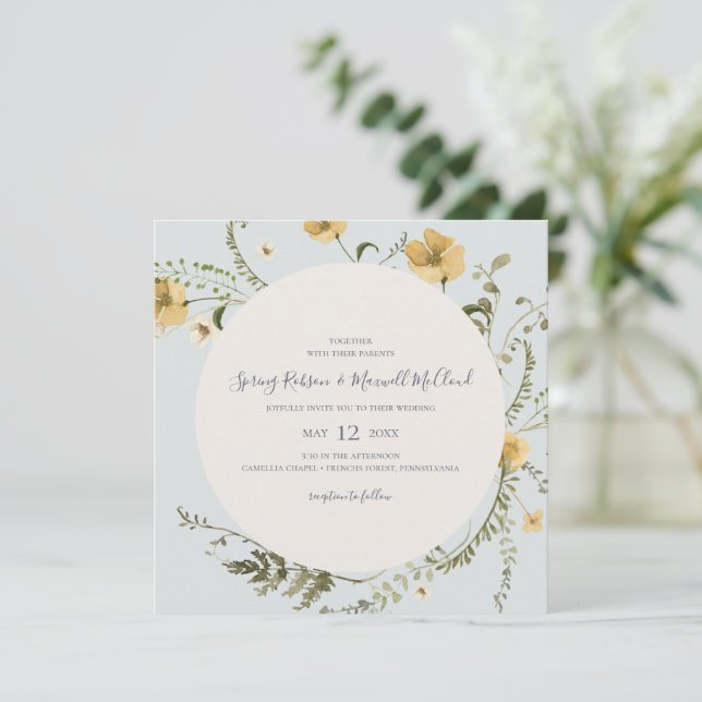 Convites Primavera Wildflower Wreath Light Blue Square Casa (Em pé/Frente)
