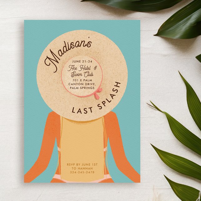 Convites Primaveras de Palma de Menina Loura Festa de Pisci (blonde hair and tan skin girl wearing a beach hat - bachelorette pool party invitation)