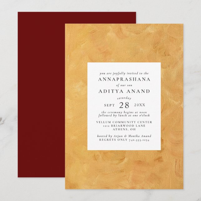Convites Primeira Cerimônia de Arroz Dourada Annaprashana (Frente/Verso)