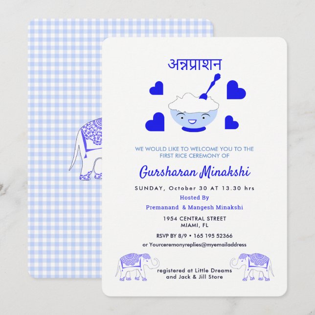 Convites Primeira Cerimônia de Rice Annaprashan (Frente/Verso)