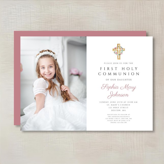 Convites Primeira comuna de Wreath Cross Girl Floral, cor-d (Pink Floral Wreath Cross Girl First Communion Invitation)