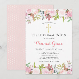 Convites Primeira comuna floral de aquarela elegante