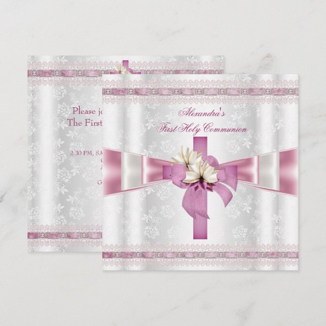 Convites Primeira Comunhão 1ª Cruz Meninas Branco Rosa (Frente/Verso)