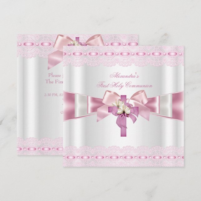Convites Primeira Comunhão 1ª Meninas Branco Rosa Renda 2 (Frente/Verso)