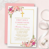 Primeira Comunhão Aquarela Rosa Bege Floral Dourad