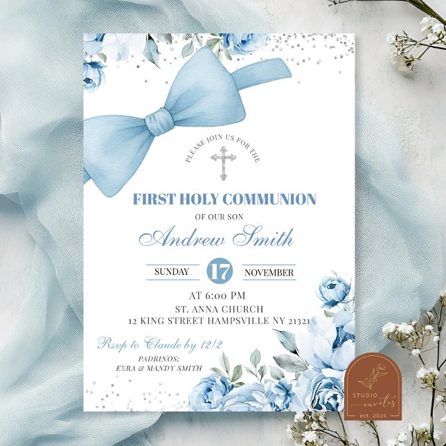 Convites Primeira Comunhão Azul Bow Coquette (Criador carregado)
