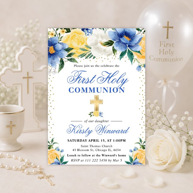 Convites Primeira Comunhão Azul e Amarelo Flores (Criador carregado)