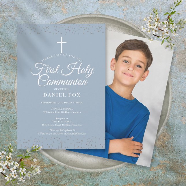 Convites Primeira Comunhão Azul Poeirento Foto (First Holy Communion Dusty Blue Photo Invitation)