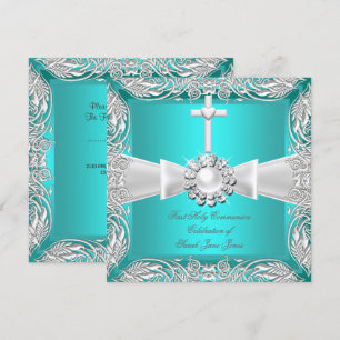 Convites Primeira Comunhão Azul Turquesa Branco Prata Menin