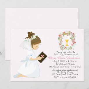 Convites Primeira Comunhão Brunette Girl Floral Wreath