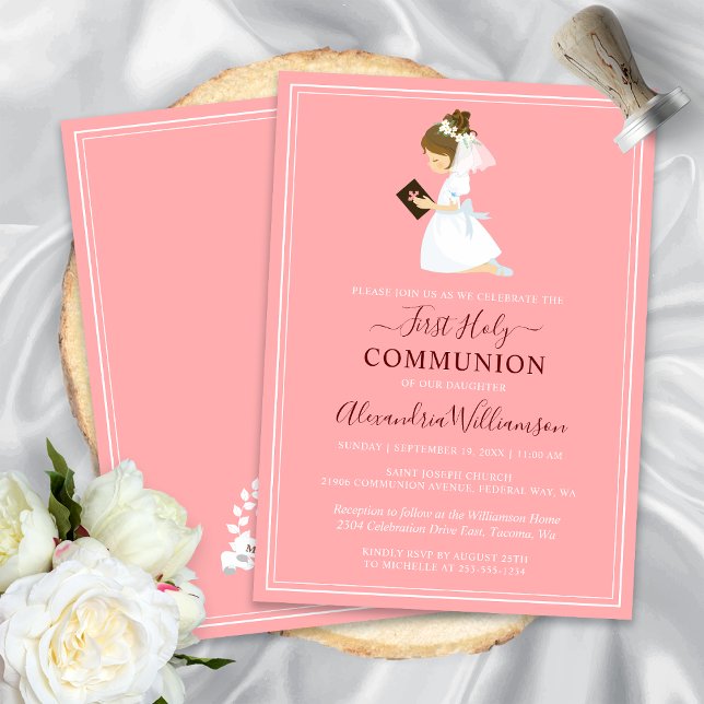Convites Primeira Comunhão Brunette Girl Pink (First Communion Brunette Girl Peach Pink Invitation)