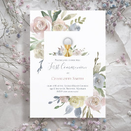 Convites Primeira Comunhão Católica buquês de flores delica