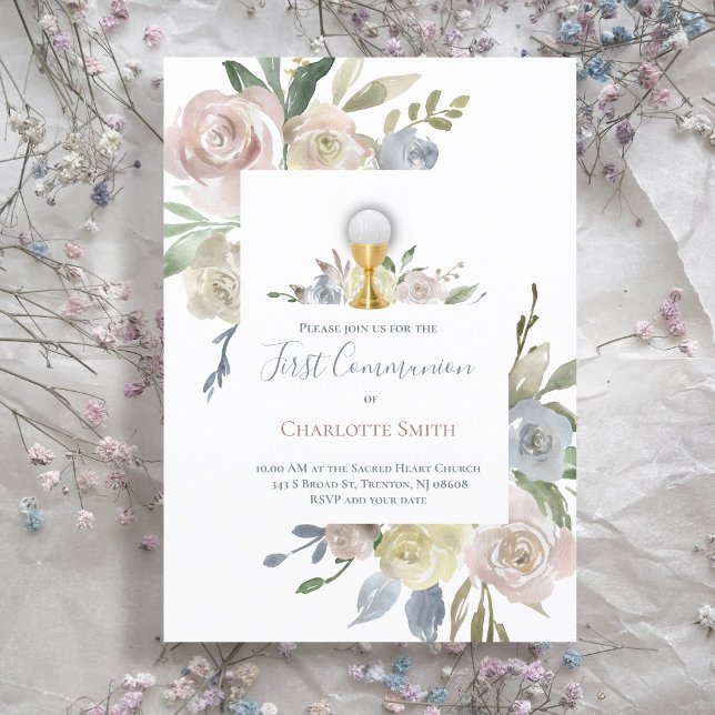 Convites Primeira Comunhão Católica buquês de flores delica (Criador carregado)