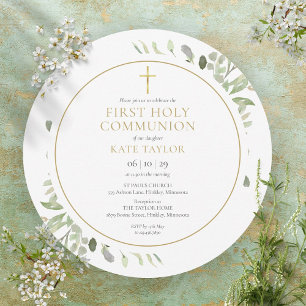 Convites Primeira Comunhão Circular com Vegetação em Aquare