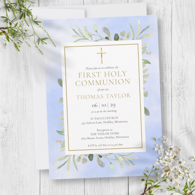 Convites Primeira Comunhão com Verde Vegetal em Aquarela Az (Watercolor Greenery Blue First Holy Communion Invitation)