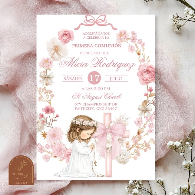 Convites Primeira Comunhão Coquete com Laço Branco e Rosa I (Criador carregado)