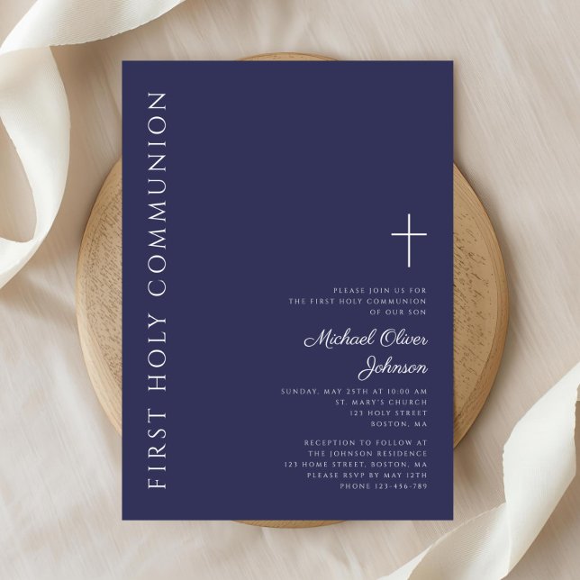 Convites Primeira Comunhão Cruz Azul Marinho Moderna (Modern Navy Blue Cross First Communion Invitation)