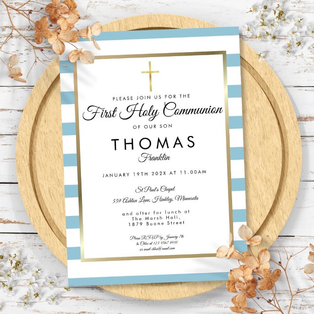 Convites Primeira Comunhão Cruz Dourada com Listras Azuis (Blue Striped Gold Cross First Holy Communion Invitation)