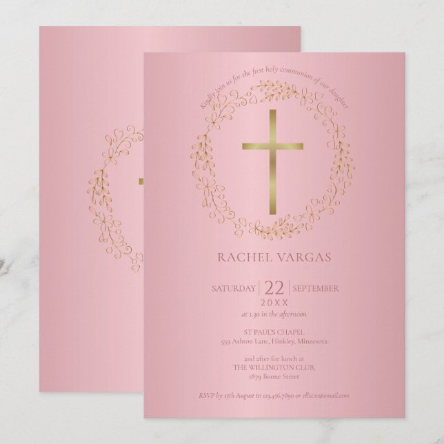 Convites Primeira Comunhão Cruz em Rosé Dourado Floral (Frente/Verso)