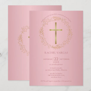 Convites Primeira Comunhão Cruz em Rosé Dourado Floral