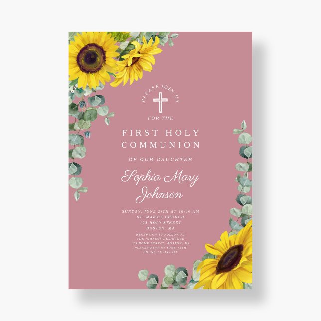 Convites Primeira Comunhão Cruz Floral Rosa Moderna (Modern Pink Floral Cross First Communion Invitation)