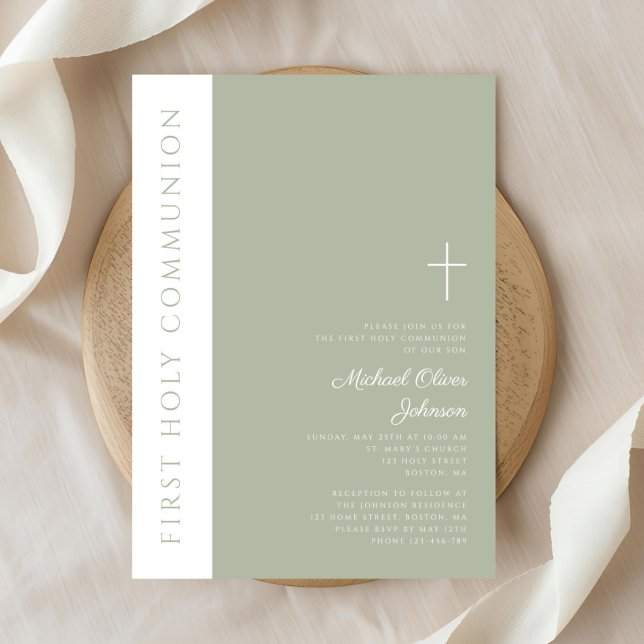 Convites Primeira Comunhão Cruz Verde Salvia Moderna (Modern Sage Green Cross First Holy Communion Invitation)