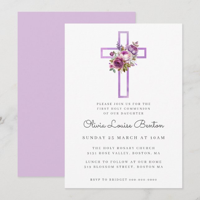Convites Primeira Comunhão da Cruz Floral Roxa (Frente/Verso)