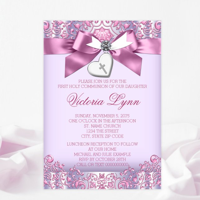 Convites Primeira Comunhão da Cruz Rosa e Roxa (You can change all of the text, font styles, font colors as needed for your event.)