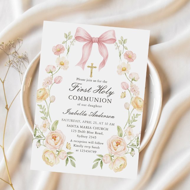 Convites Primeira Comunhão da Menina Arco Floral Rosa (Criador carregado)
