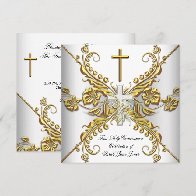 Convites Primeira Comunhão da Menina Dourado Branco Prata F (Frente/Verso)