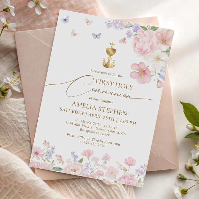 Convites Primeira Comunhão da Menina Floral Pastel (Criador carregado)