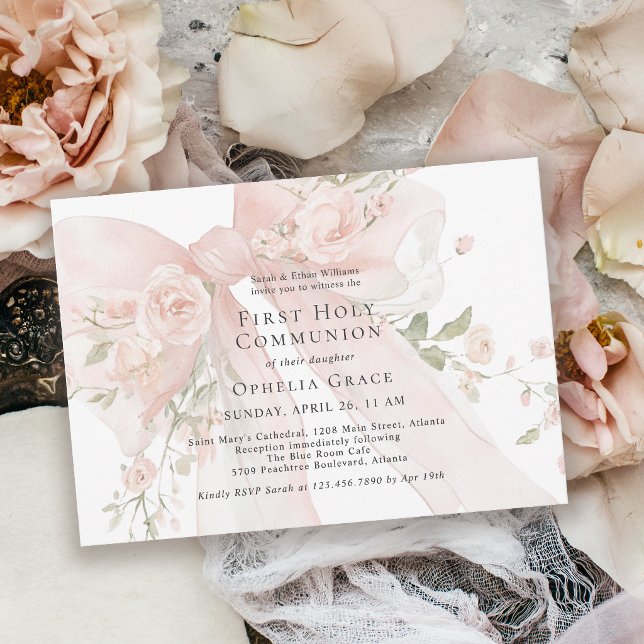 Convites Primeira Comunhão da Menina Laço Floral Rosa (Invitation may be ordered in both printed and instant download digital formats.)