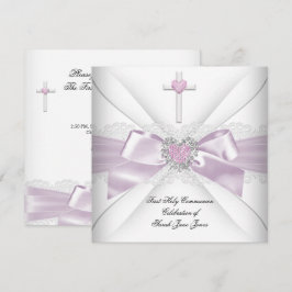 Convites Primeira Comunhão da Menina Rosa Branco Coração Or