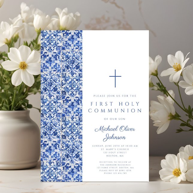 Convites Primeira Comunhão de Azulejos Azuis Modernos (Modern Cross Blue Tiles Boy First Communion Invitation)