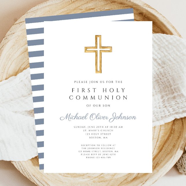 Convites Primeira Comunhão de Blue Cross Boy (Modern Blue Cross Boy First Communion Invitation)