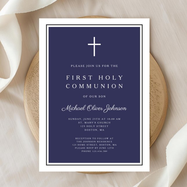 Convites Primeira Comunhão de Blue Cross Boy do Marinho Mod (Modern Navy Blue Cross Boy First Communion Invitation)