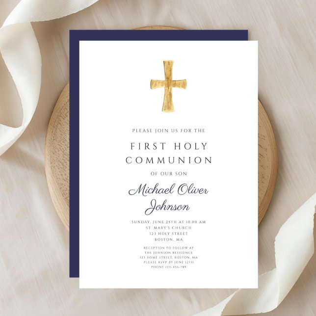 Convites Primeira Comunhão de Blue Cross Boy do Marinho Mod (Modern Navy Blue Cross Boy First Communion Invitation)