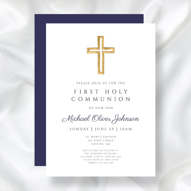 Convites Primeira Comunhão de Blue Cross Boy do Marinho Mod (Modern Navy Blue Cross Boy First Communion Invitation)