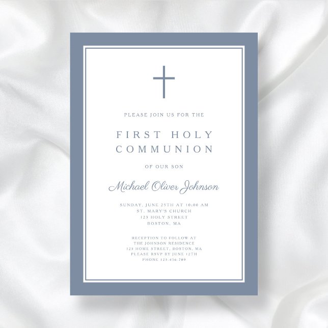 Convites Primeira Comunhão de Blue Cross Boy Modern Dusty (Modern Dusty Blue Cross Boy First Communion Invitation)