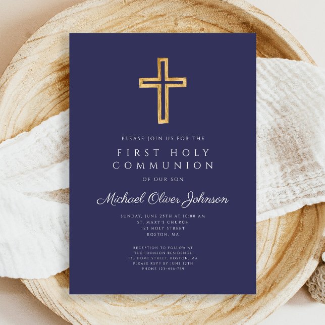 Convites Primeira Comunhão de Cristo Religioso marinho Azul (Navy Blue Religious Cross Boy First Communion Invitation)