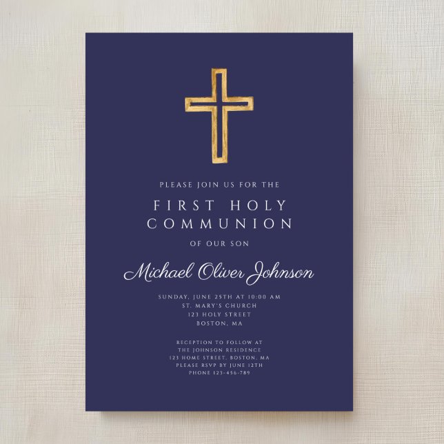 Convites Primeira Comunhão de Cristo Religioso marinho Azul (Navy Blue Religious Cross Boy First Communion Invitation)