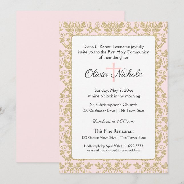 Convites Primeira Comunhão de Damasco Rosa Suave e Dourado (Frente/Verso)
