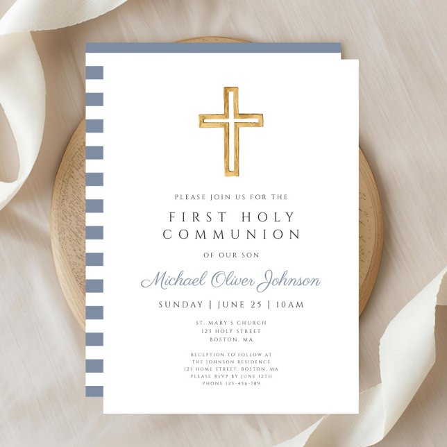 Convites Primeira Comunhão de Dusty Blue Religerian Cross B (Dusty Blue Religious Cross Boy First Communion Invitation)