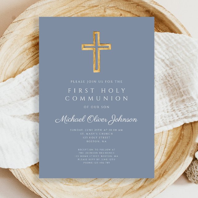 Convites Primeira Comunhão de Dusty Blue Religerian Cross B (Dusty Blue Religious Cross Boy First Communion Invitation)