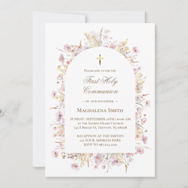Convites primeira comunhão de flores silvestres (Frente)