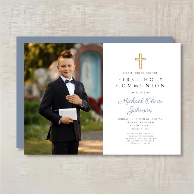 Convites Primeira Comunhão de Foto do Dusty Blue Cross (Dusty Blue Cross Photo Boy First Communion Invitation)