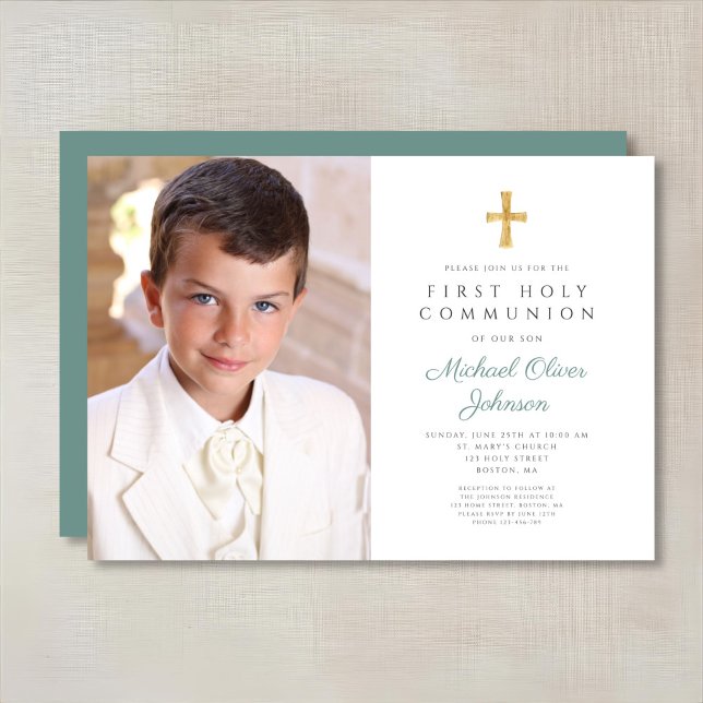Convites Primeira Comunhão de Fotos da Cruz Verde Elegante (Elegant Green Cross Photo Boy First Communion Invitation)